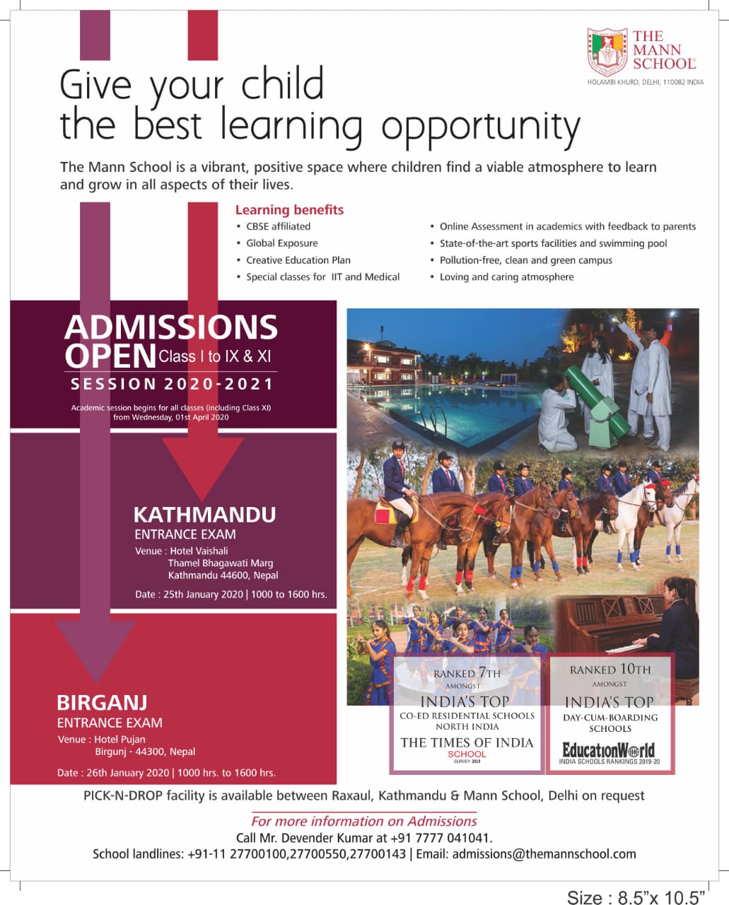 India’s Best Day Cum Boarding School “The Mann School” is organising an entrance exam in Nepal for the session 2020-2021