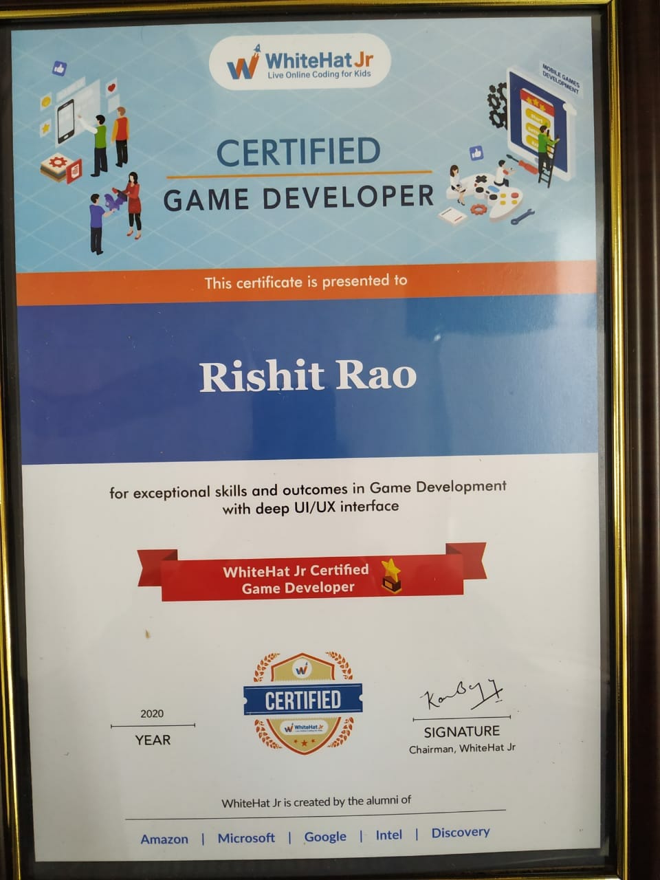 Rishit Rao of class 3rd from Bal Bharati Public School Rohini has become one of the youngest Game Developer certified by WhiteHat Junior