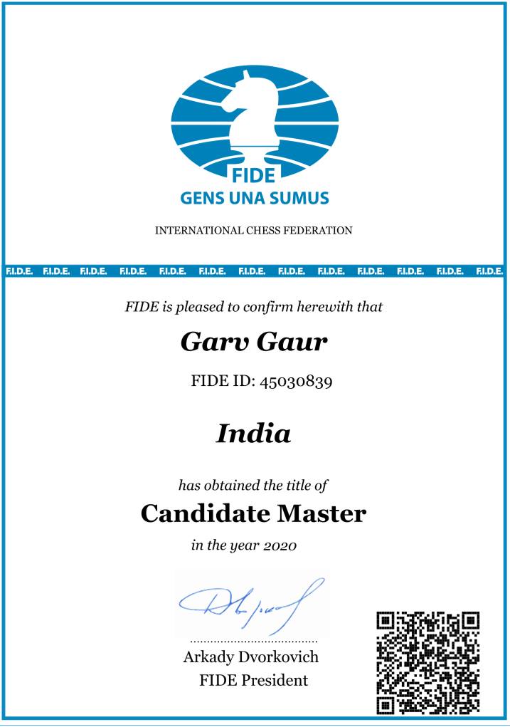 Garv Gaur of GBN Sr Sec School Sector 21D Faridabad has obtained the title of Candidate Master confirmed by FIDE