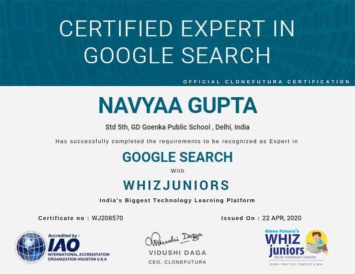 Emerging Google Expert – Navya Gupta from GD Goenka Public School, Rohini Sector -22, Delhi