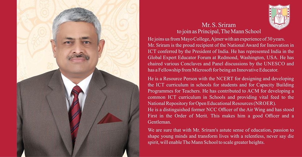 The Mann School Welcomes Mr. Sriram as new Principal of the school