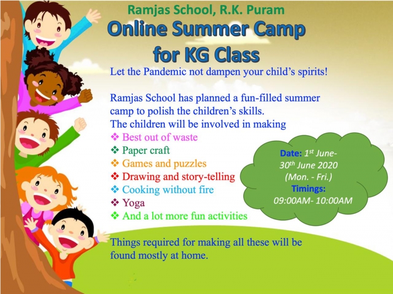 Ramjas School RK Puram Delhi is going to oraganze an Online Summer Camp for KG Class from 1st June 2020 to 30th June 2020.
