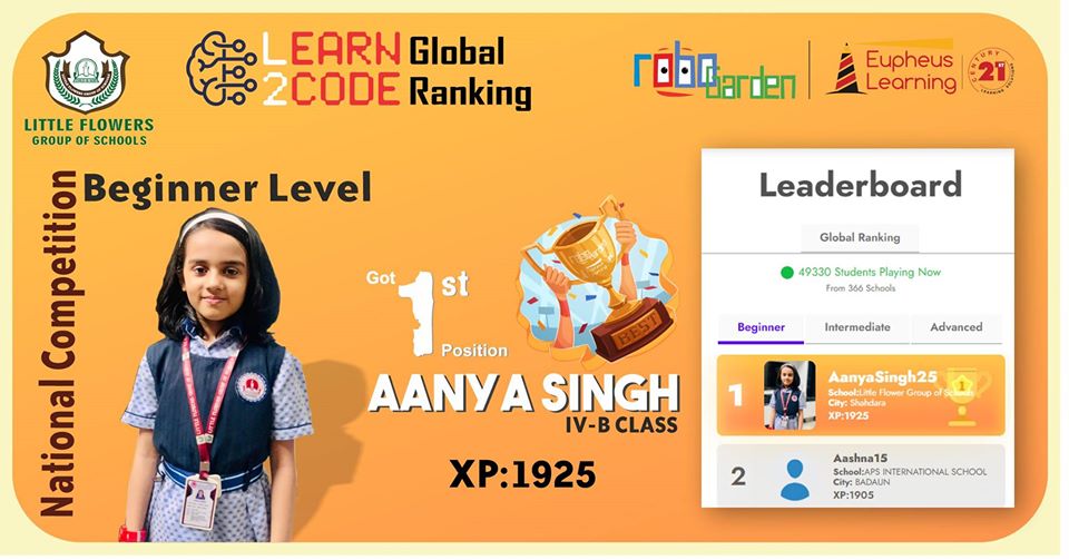 Aanya Singh of Little Flowers Sr Sec School, Shivaji park delhi has secured 1st position in Robo graden Leaderboard 