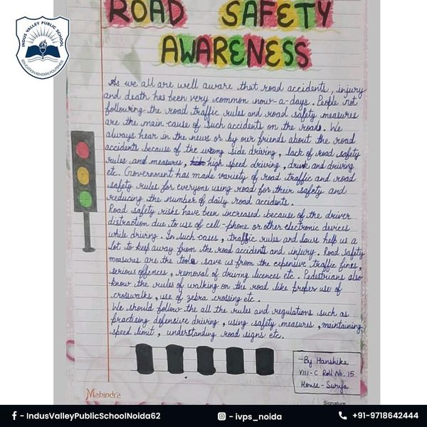 At Indus Valley Public School, an essay writing competition was held for students in class VIII on the theme of road safety (Noida)