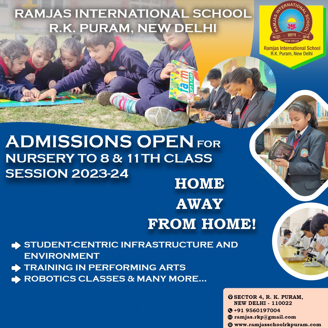 Ramjas International School R. K. Puram, New Delhi invites admission for Nursery to Grade 8 & 11 for AY 2023-24