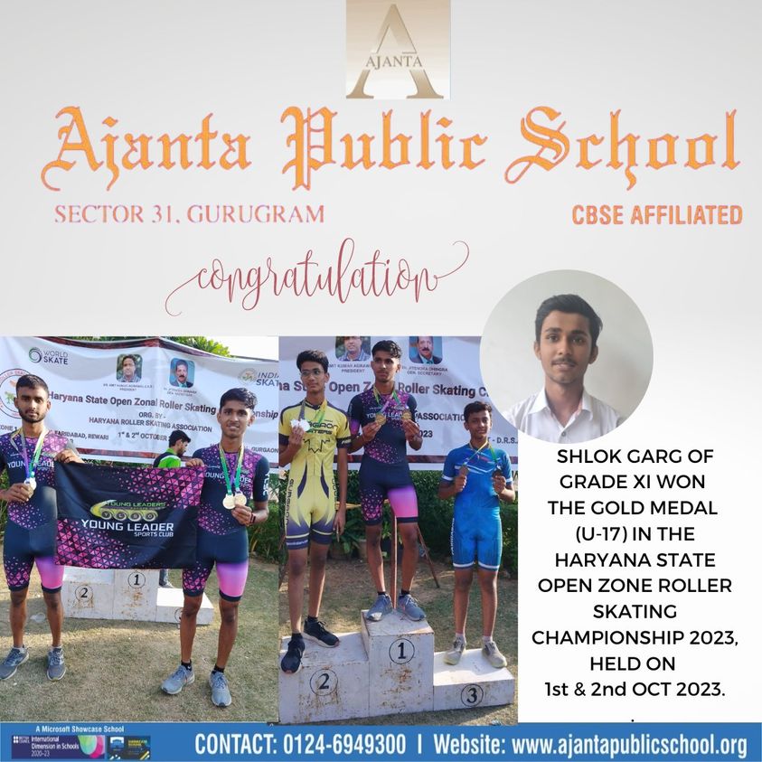 “Shlok Garg of Ajanta Public School Wins Gold in Haryana Roller Skating Championship 2023”