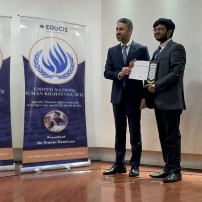 Vinayak Singh, Student of 11A from Ramjas International School R.K. Puram has won the Best Delegate award while representing the USA at the MUN conference organized by Educis at Mayur Public School, New Delhi