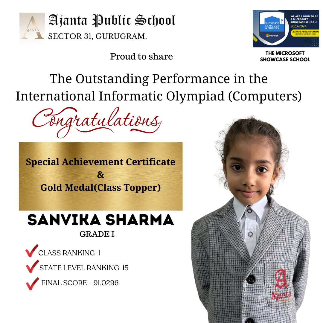 Remarkable Performance of Sanvika Sharma Grade I from Ajanta Public School Gurugram in the International Informatic Olympiad