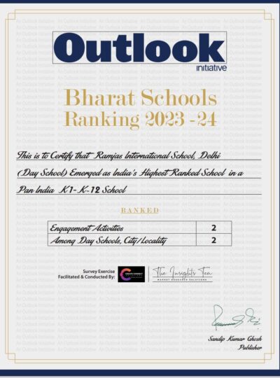 Ramjas International School, RK Puram, Delhi has been awarded by India's Highest Ranked School (Day School) Pan India during Bharat School Ranking 2023-2024 an Initiative by Outlook