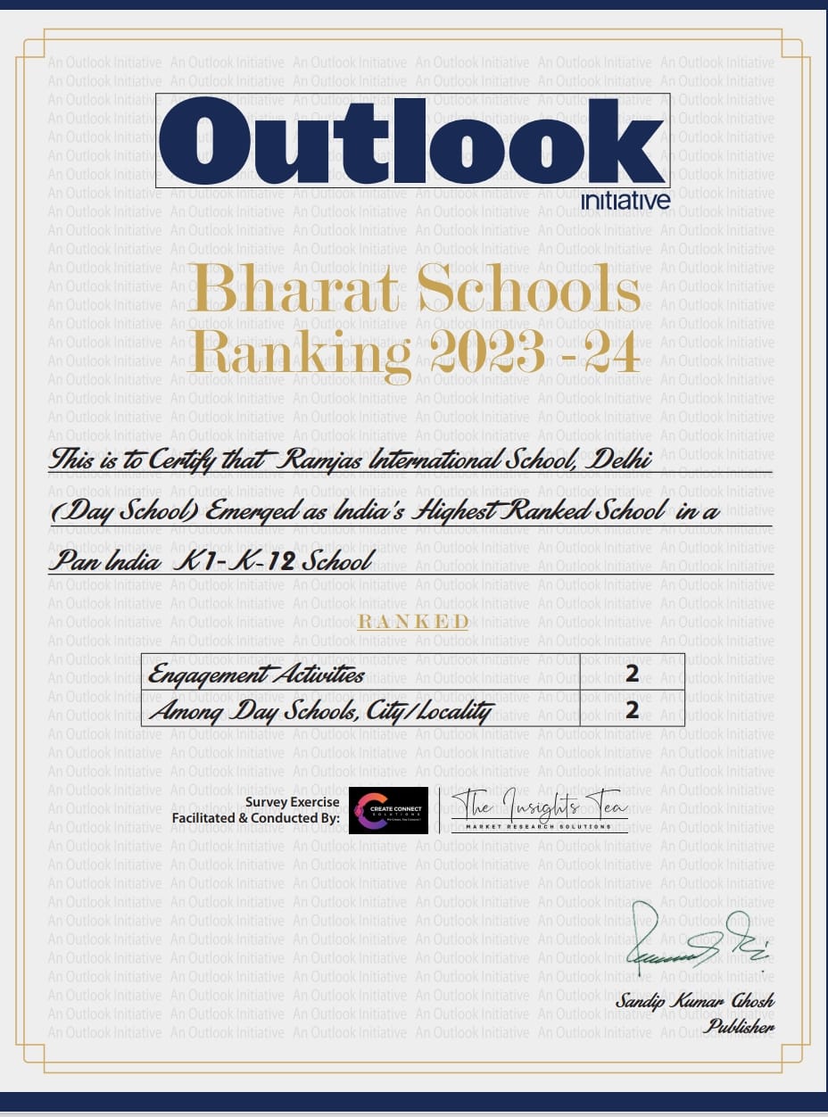 Ramjas International School, RK Puram, Delhi has been awarded by India’s Highest Ranked School (Day School) Pan India during Bharat School Ranking 2023-2024 an Initiative by Outlook